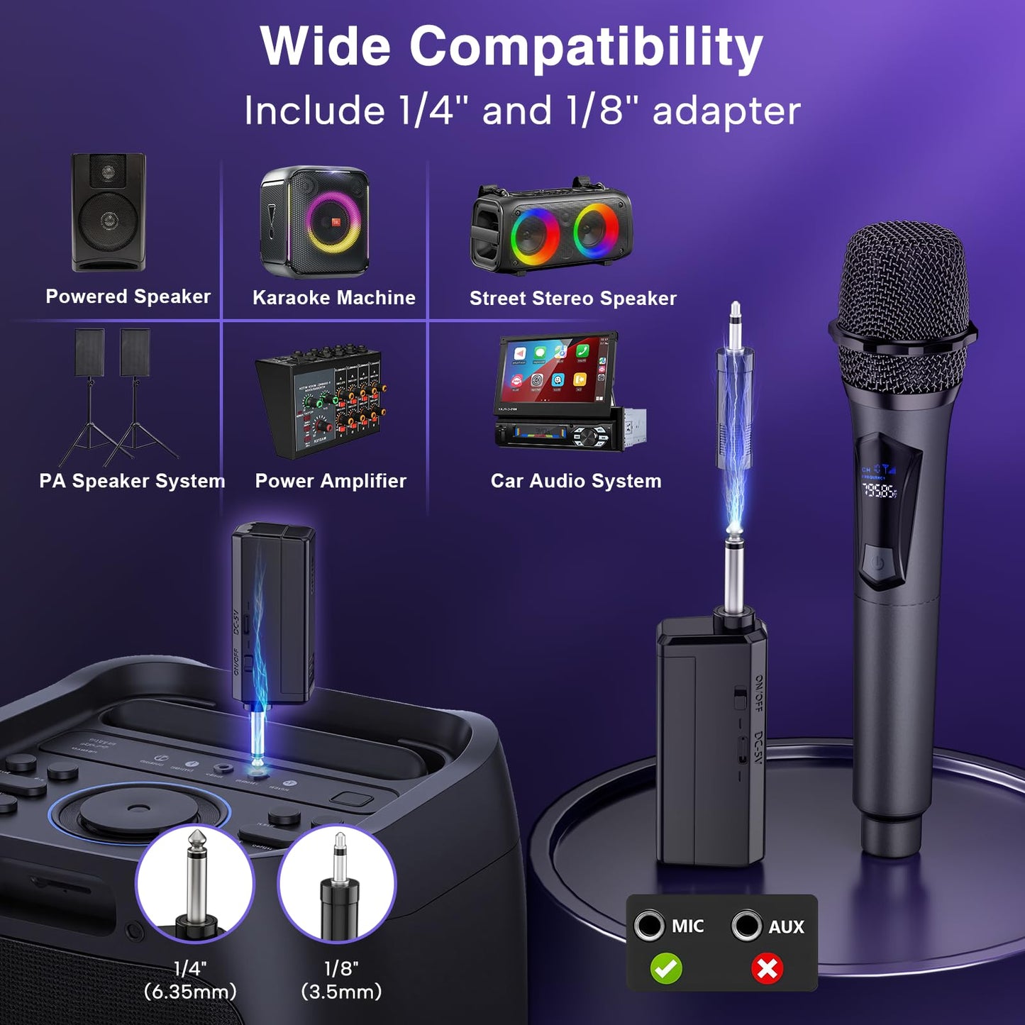 Wireless Microphone,Professional Dual Handheld Cordless Dynamic Mic System with Rechargeable Receiver,Plug & Play,Compatible with karaoke machines and
