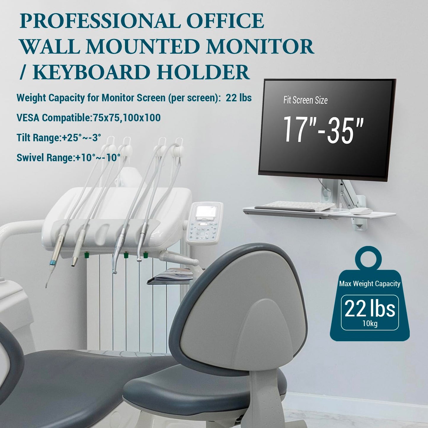 MyGift Wall Mounted White Metal Medical Grade Monitor Screen Workstation with Height Adjustable Arm, Keyboard & Extension Tray & Mouse Holder