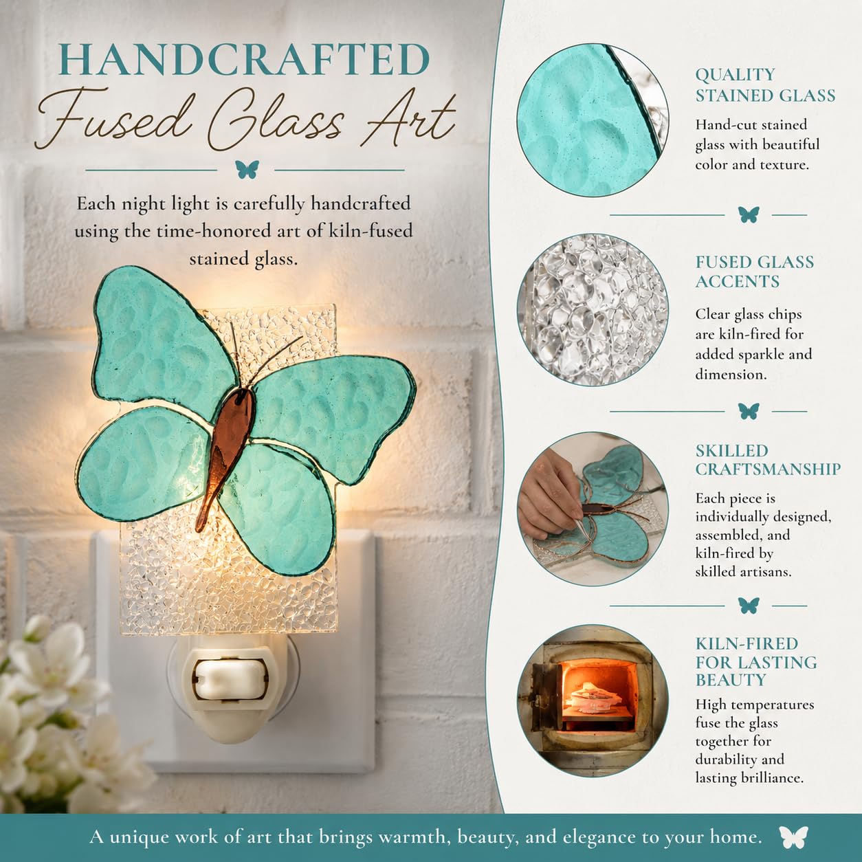 J Devlin Aqua Butterfly Night Light, Handcrafted Stained Glass