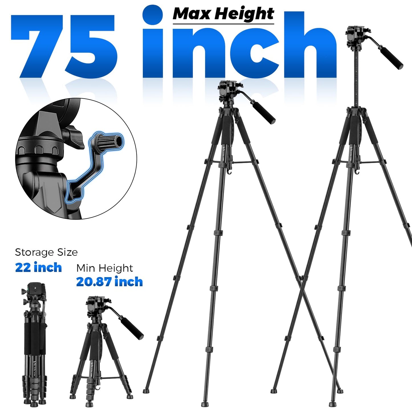 Camera Tripod, 75” Heavy Duty Tripod for Camera with Phone Holder and Travel Bag, Compatible with Video Camera, DSLR, Spotting Scopes, Camcorder