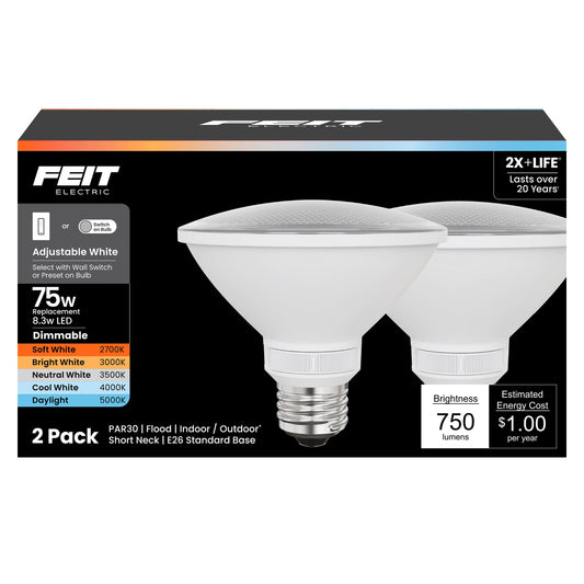 Feit Electric PAR30 LED Reflector Light Bulb, 75W Eq, 5CCT 6Way, 2 Pack
