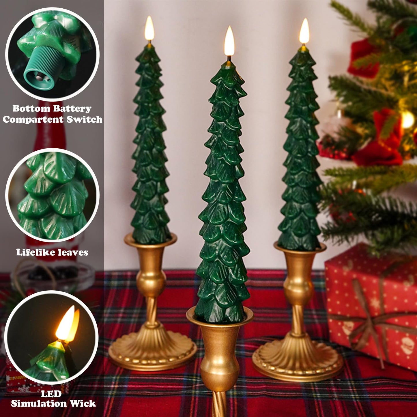 4 Pcs Christmas Tree Candles Decorations, Christmas LED Flameless Taper Candle with Remote Timer, Real Waxy Green Window Candle 3D Flame Wick for Home