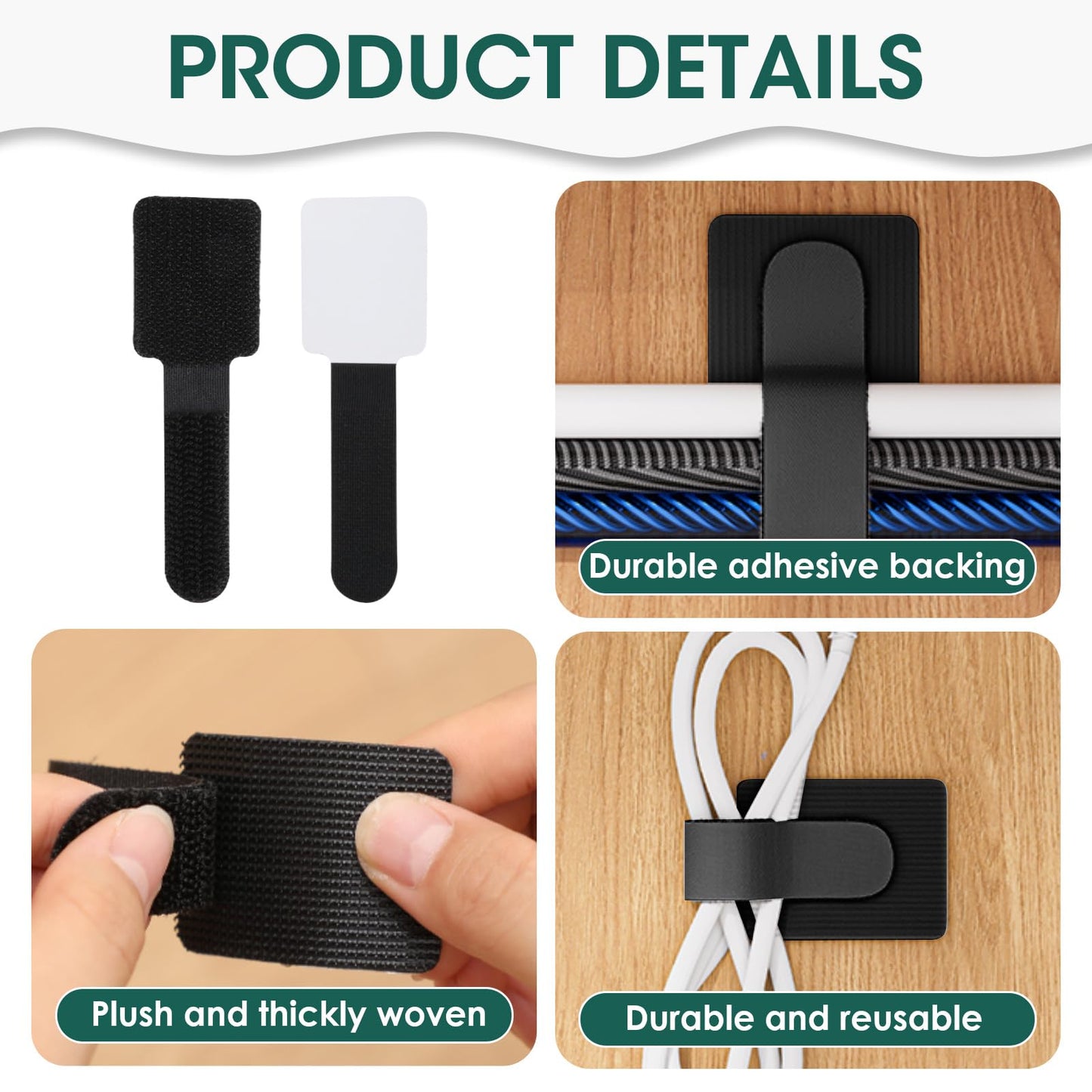 Aphohome Hook and Loop Cable Ties, 50PCS Black Cord Organizer, Under Desk Cord Management for Home & Office, 1.18×3.54×0.59in