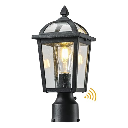 Moonlok Dusk to Dawn Outdoor Post Light, Waterproof Pole Lantern Light Fixture, Seeded Glass Exterior Matte Black Lamp Post Light for Yard, Garden
