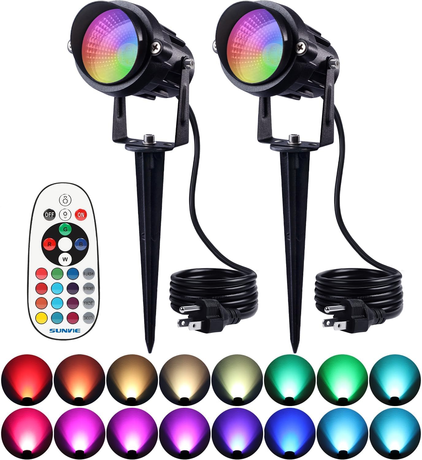 SUNVIE RGB Spot Lights Outdoor 12W LED Color Changing Landscape Lights with Remote Control 120V RGBW Landscape Lighting Waterproof Outdoor Spotlight