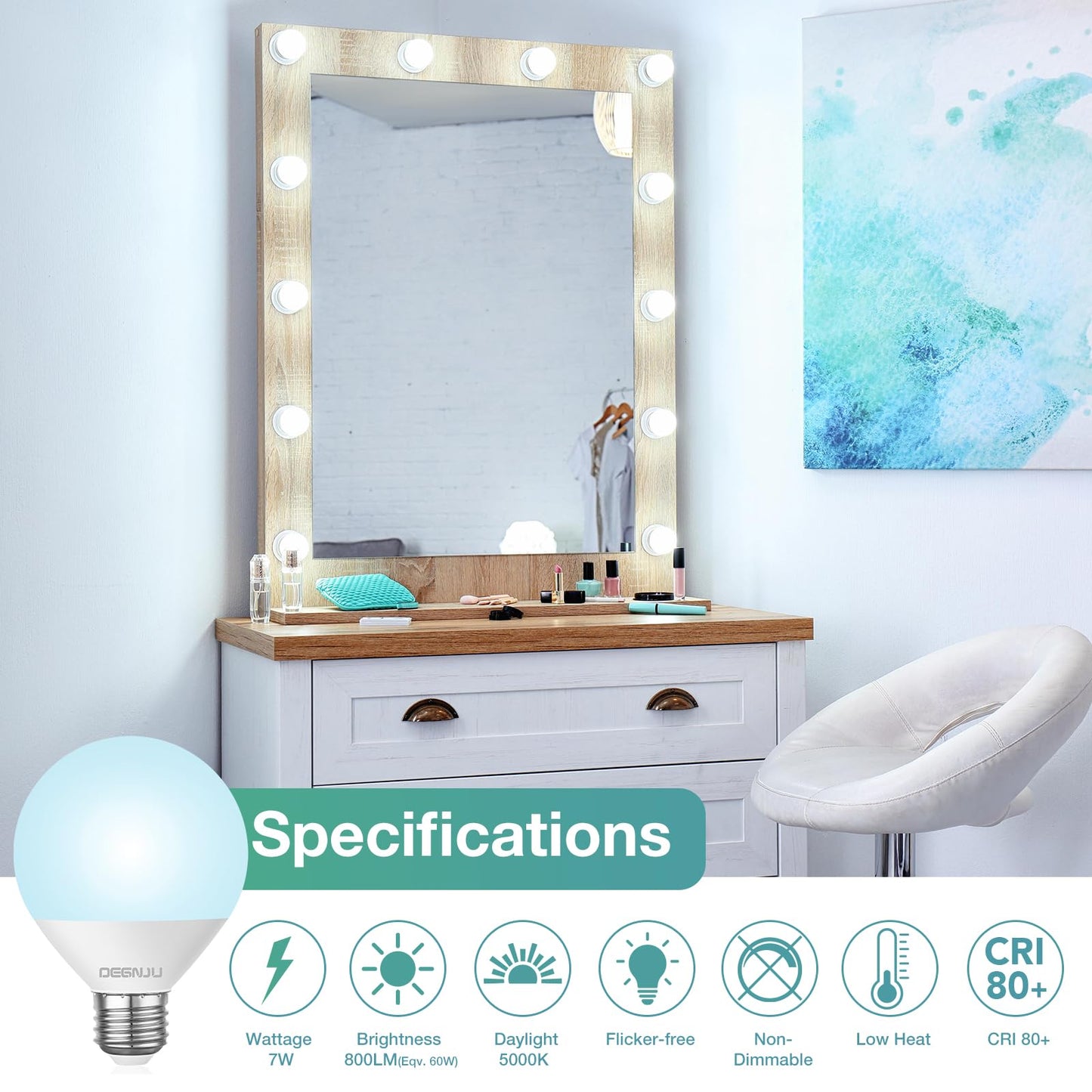 DEGNJU LED Vanity Light Bulbs, 60W Equivalent, Bathroom Light Bulbs 5000K Daylight White, 800 Lumens, G25 Globe Bulb for Makeup Mirror, Round Shape