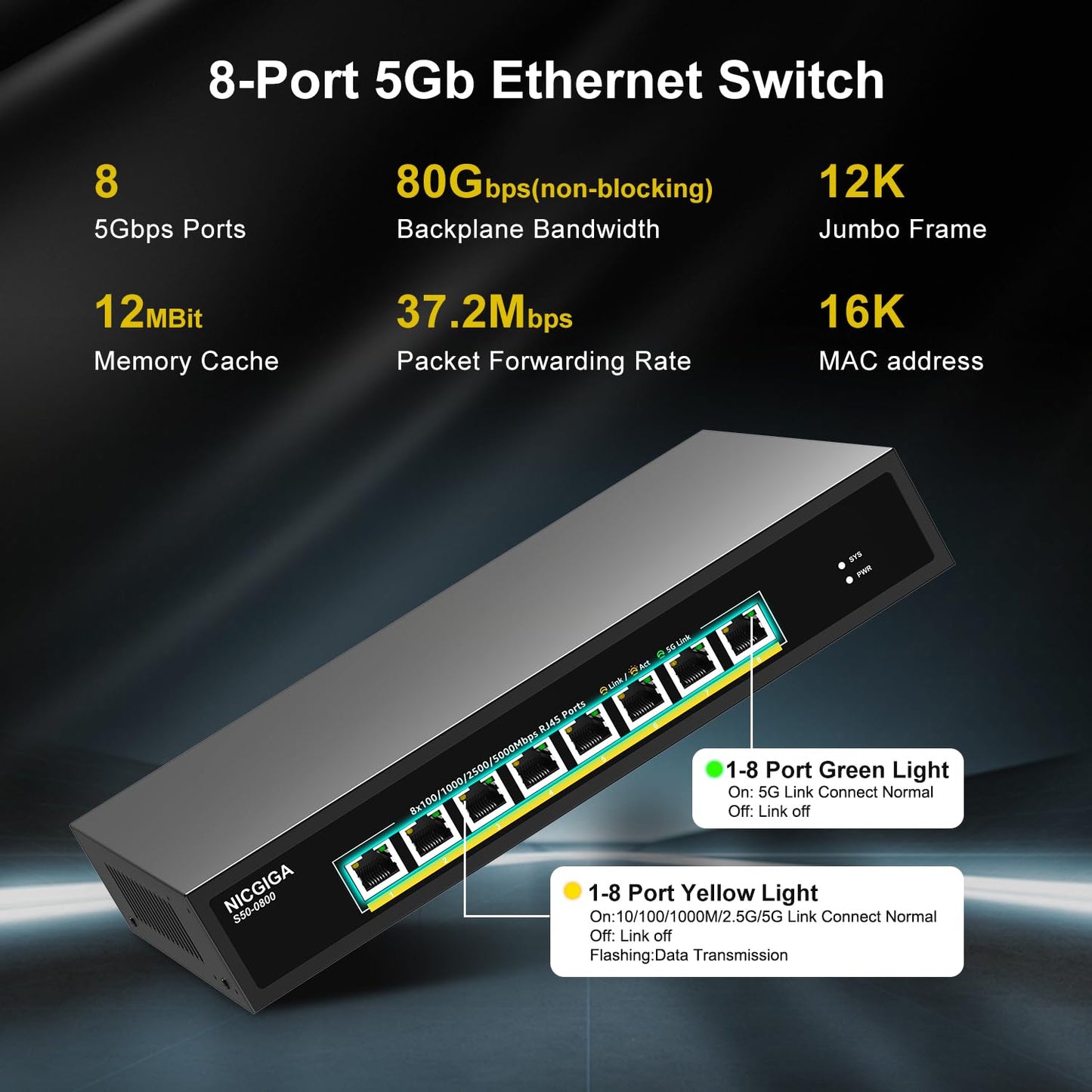 8 Port 5G Ethernet Switch Unmanaged,with 8X 5Gb Base-T Ports, NICGIGA 5Gbps Network Switch Easy for 5G NAS,PC,WiFi7 Router,5G Adapter/NIC. Desktop or