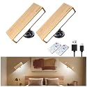 Wood LED Wall Sconce Set of 2, Magnetic 360° Rotate LED Wood Wall Lamps, Rechargeable Adhesive Wall Lights, Wireless Wall Sconces Dimmable with Voice