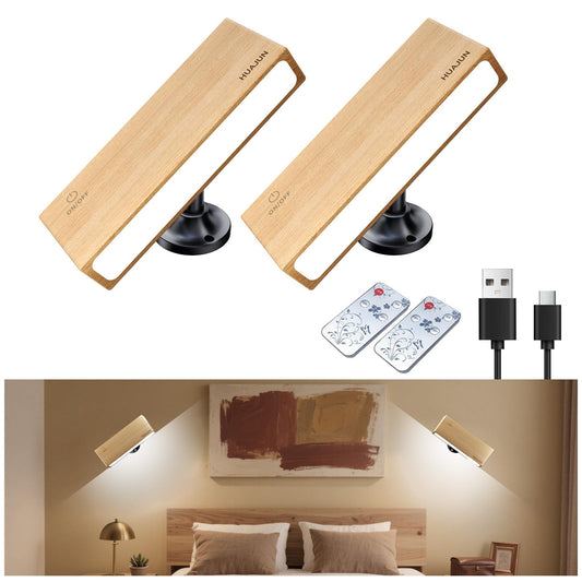 Wood LED Wall Sconce Set of 2, Magnetic 360° Rotate LED Wood Wall Lamps, Rechargeable Adhesive Wall Lights, Wireless Wall Sconces Dimmable with Voice