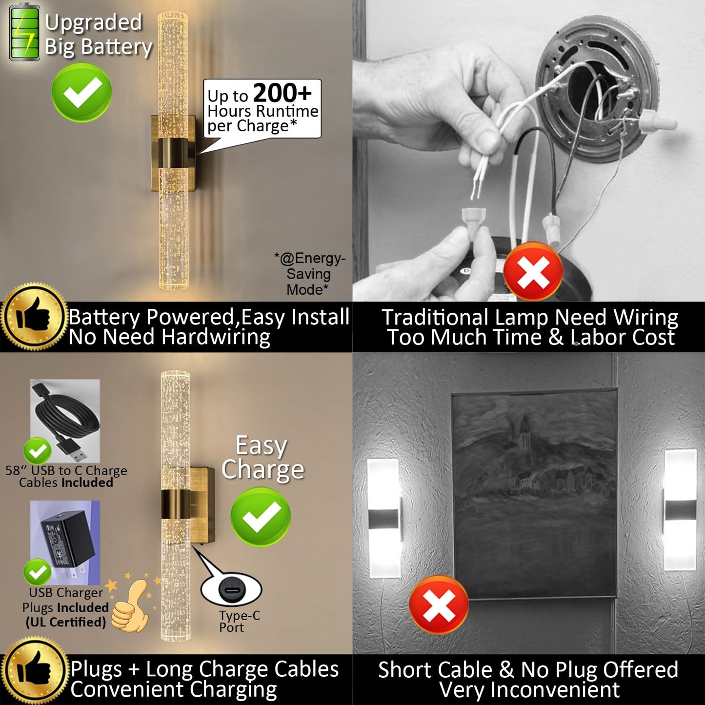 Cordless Rechargeable Crystal Wall Sconces Battery Operated Set of 2 | Brushed Gold Crystal Wall Lights Battery Sconces Wall Decor Picture Light