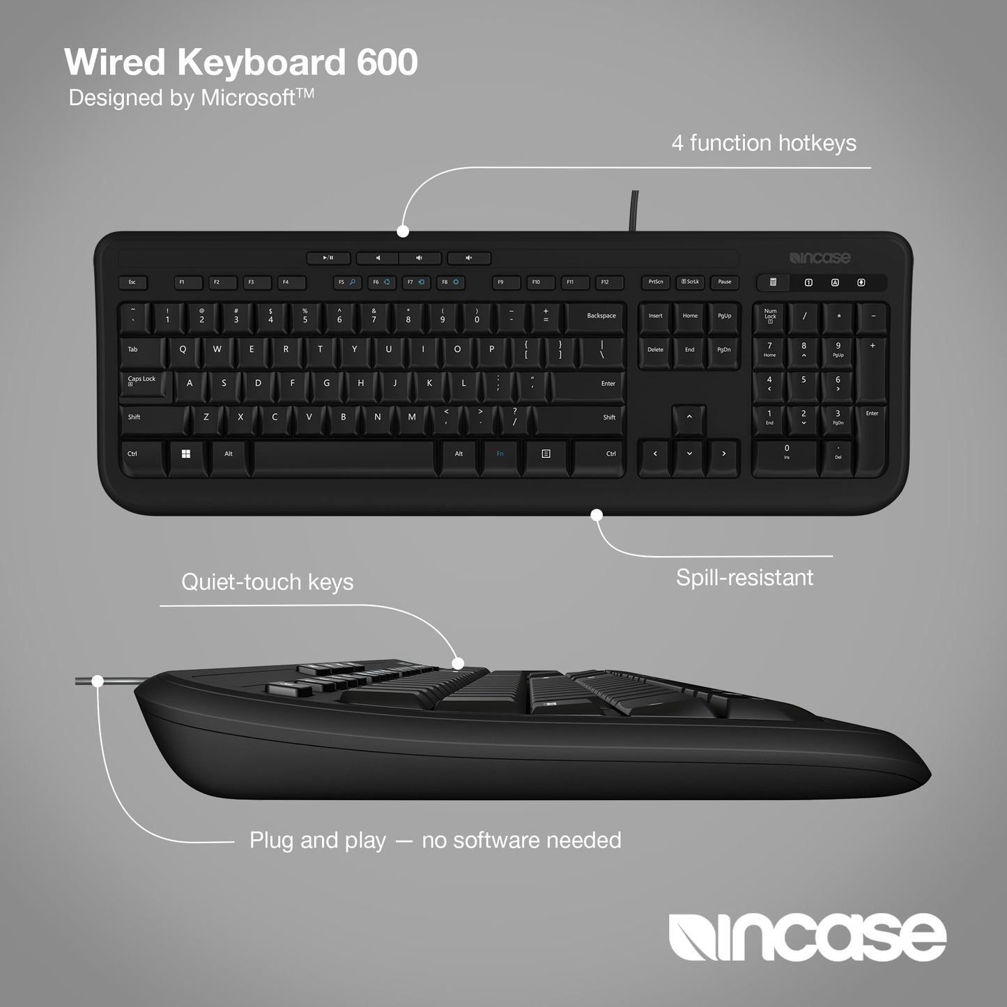 Incase Wired Keyboard 600 - Designed by Microsoft - Spill Resistant, Quiet Touch Keys, Plug and Play, 4 Hotkeys, Windows Start Key - Black
