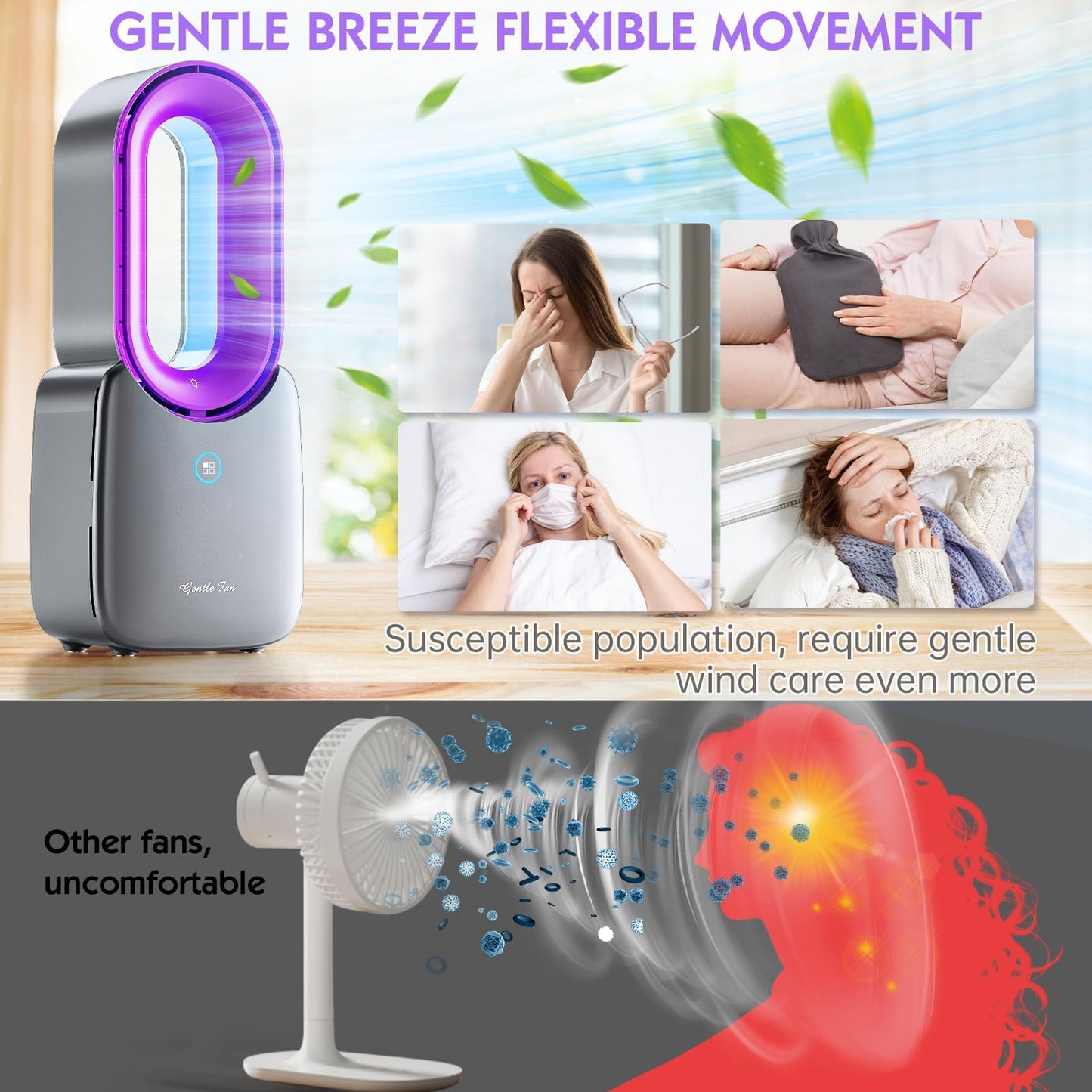 Misby Rechargeable Desk Fan, 5-color LED Light Bladeless Table Fan of 11.8 Inch, Purple Desk Fans Small Quiet for Bedroom, Home, Office