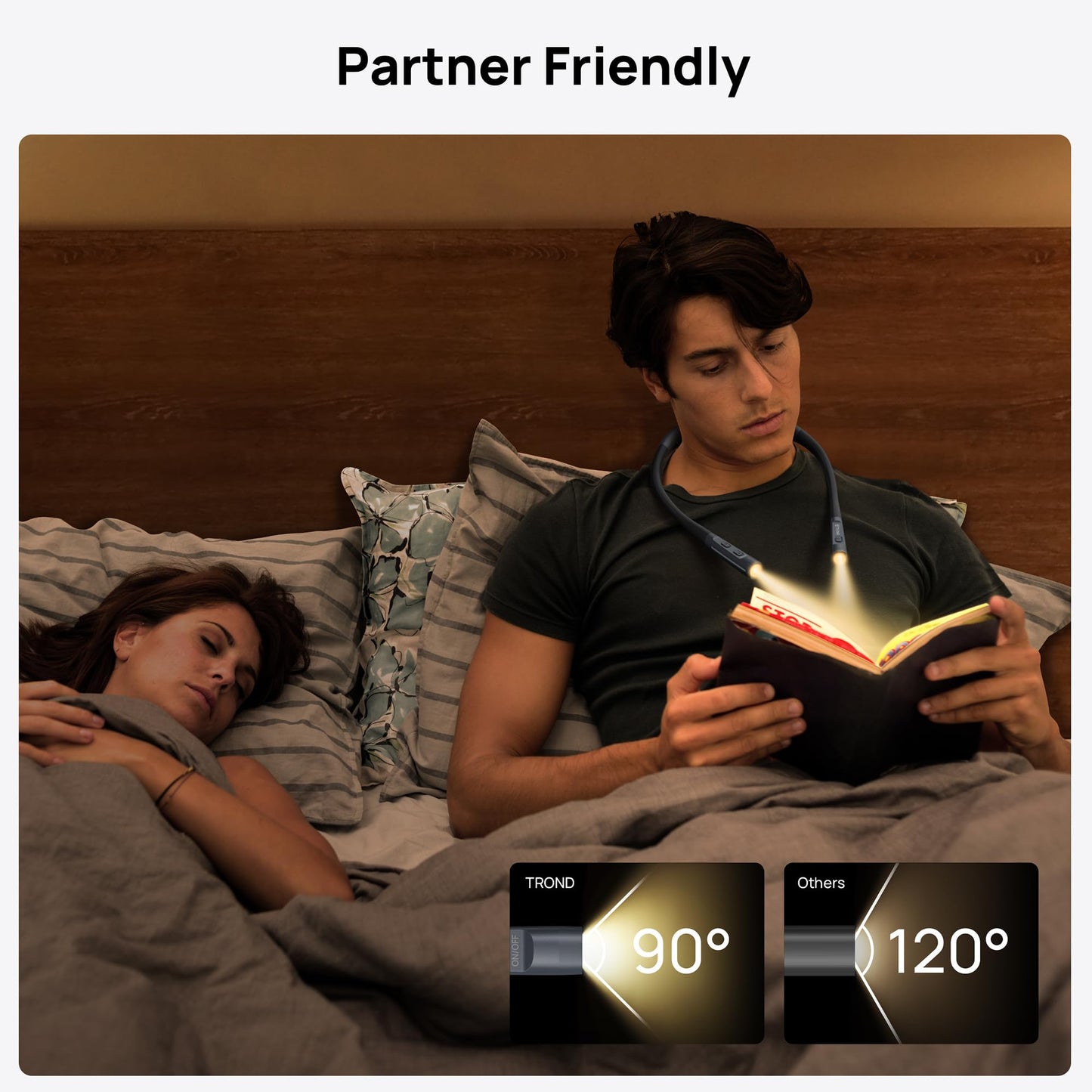 TROND LED Neck Reading Light, 3 Color 3 Brightness Book Light for Reading in Bed, 1000mAh Rechargeable Lamp, Flexible Arm with Outdoor Warning Lamp