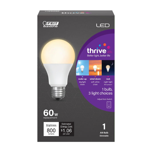 Feit Electric A19 Circadian Rhythm LED Light Bulb, 60W Eq, 2CCT, 800 Lumens