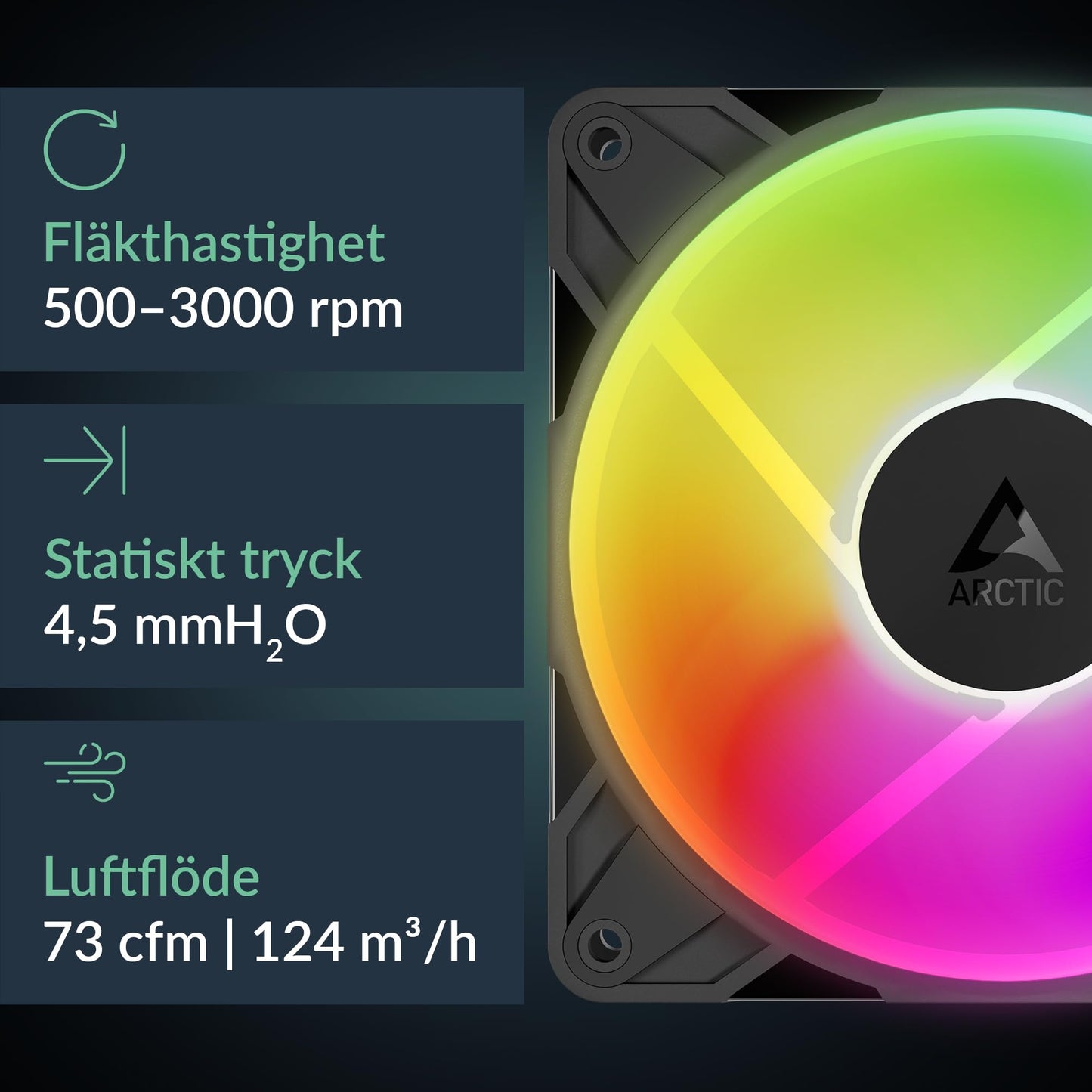 ARCTIC P12 Pro Reverse A-RGB - 120 mm Premium Fan with Reverse Airflow, PWM Fan with Y Cable Splitter, 500-3000 RPM, 0 RPM <5% PWM, 5V Digital RGB