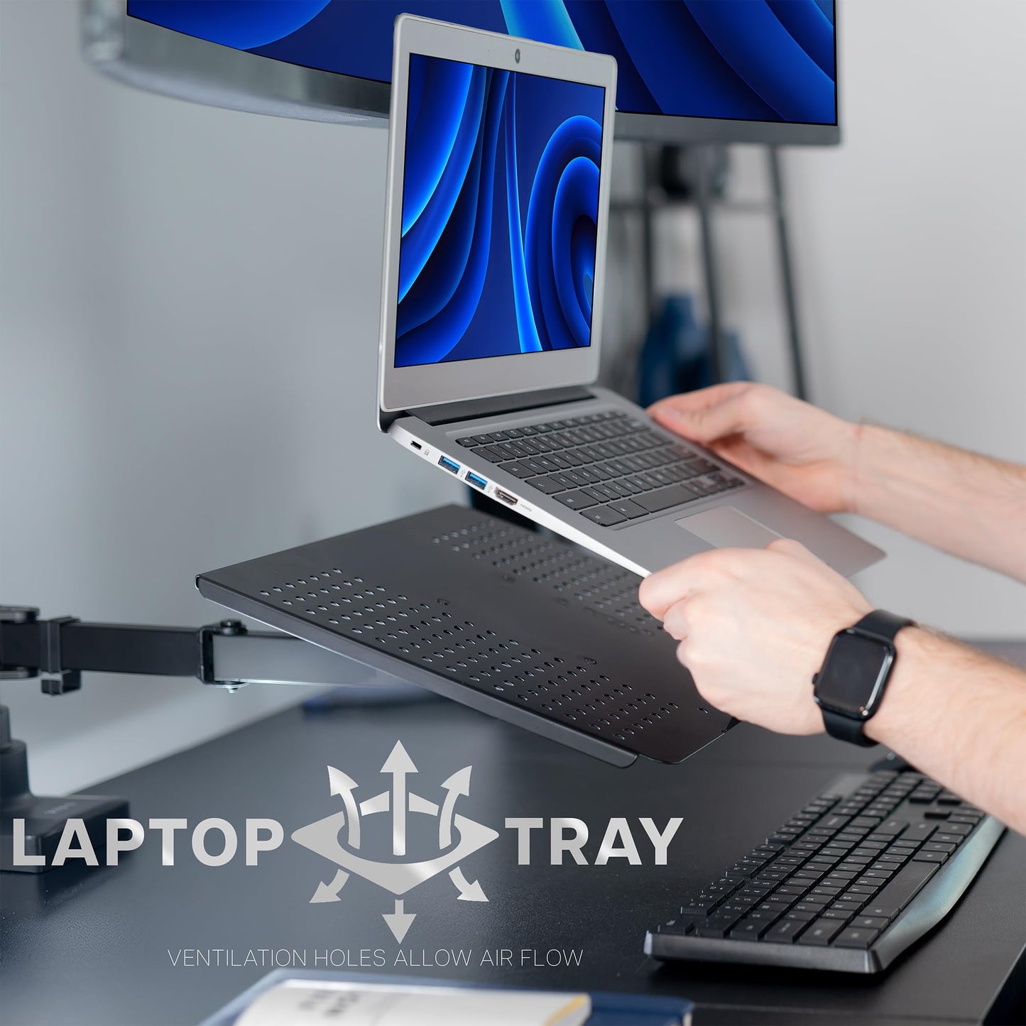 VIVO Extra Tall Desk Mount for up to 49 inch Ultra-Wide Monitor and Tray for up to 17 inch Laptop, Clamp-on Adjustable Stand Holds 44 lb Screens, VESA