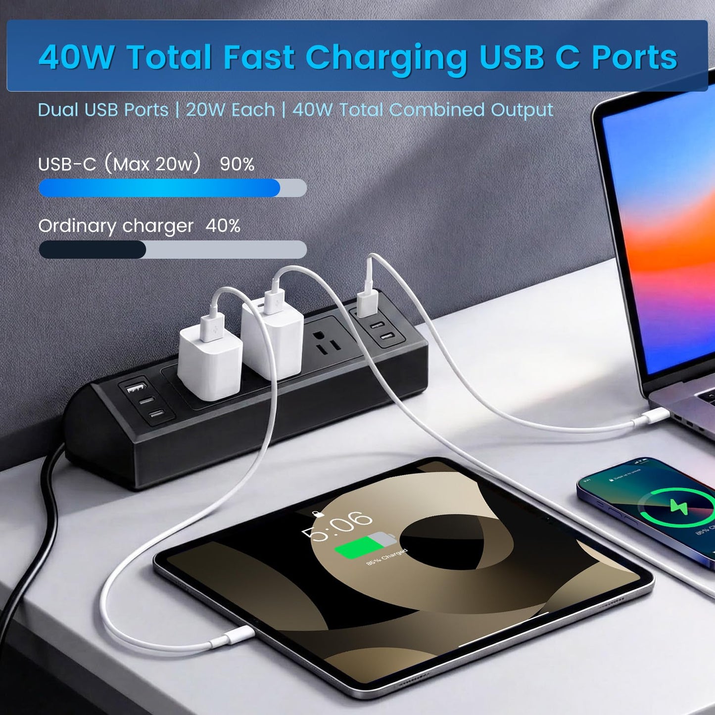 Desk Clamp Power Strip with 40W Total Fast Charging Station, 4 PD 20W USB C Ports, 4 AC Outlets, 1875W Surge Protectors, 6.5 FT Flat Plug Desk Edge