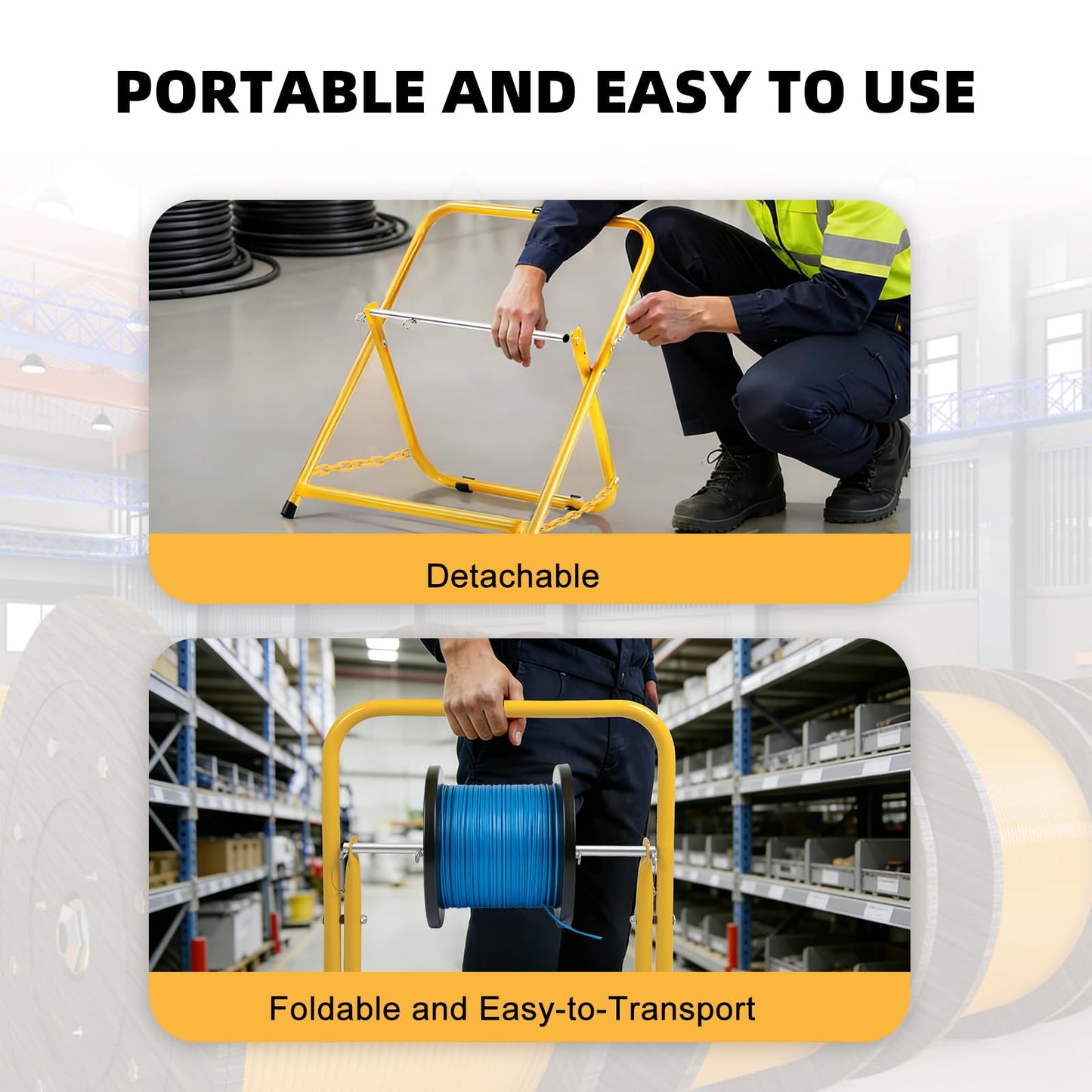 Single Axle Cable Caddy, Portable Wire/Spool Dispenser for Reels up to 20" Diameter & 100 lb Capacity, for Electrical & Industrial Use, Yellow