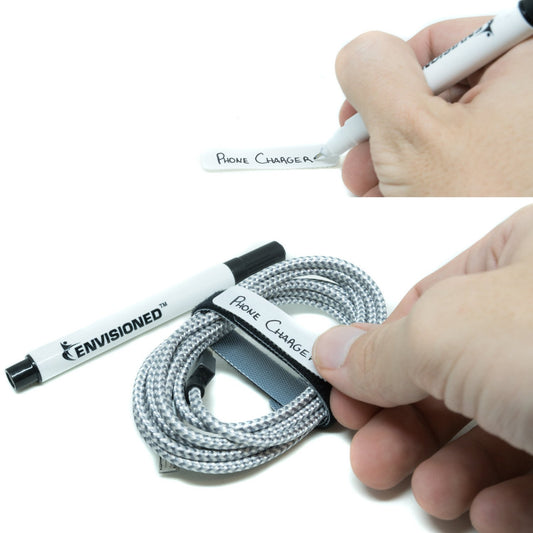 ENVISIONED Reusable Cable Ties 1/2" x 8" for Cable Management - 30 Pack (Black) Plus 1/2" x 2" Writable White Labels for Use on All Types of Hook