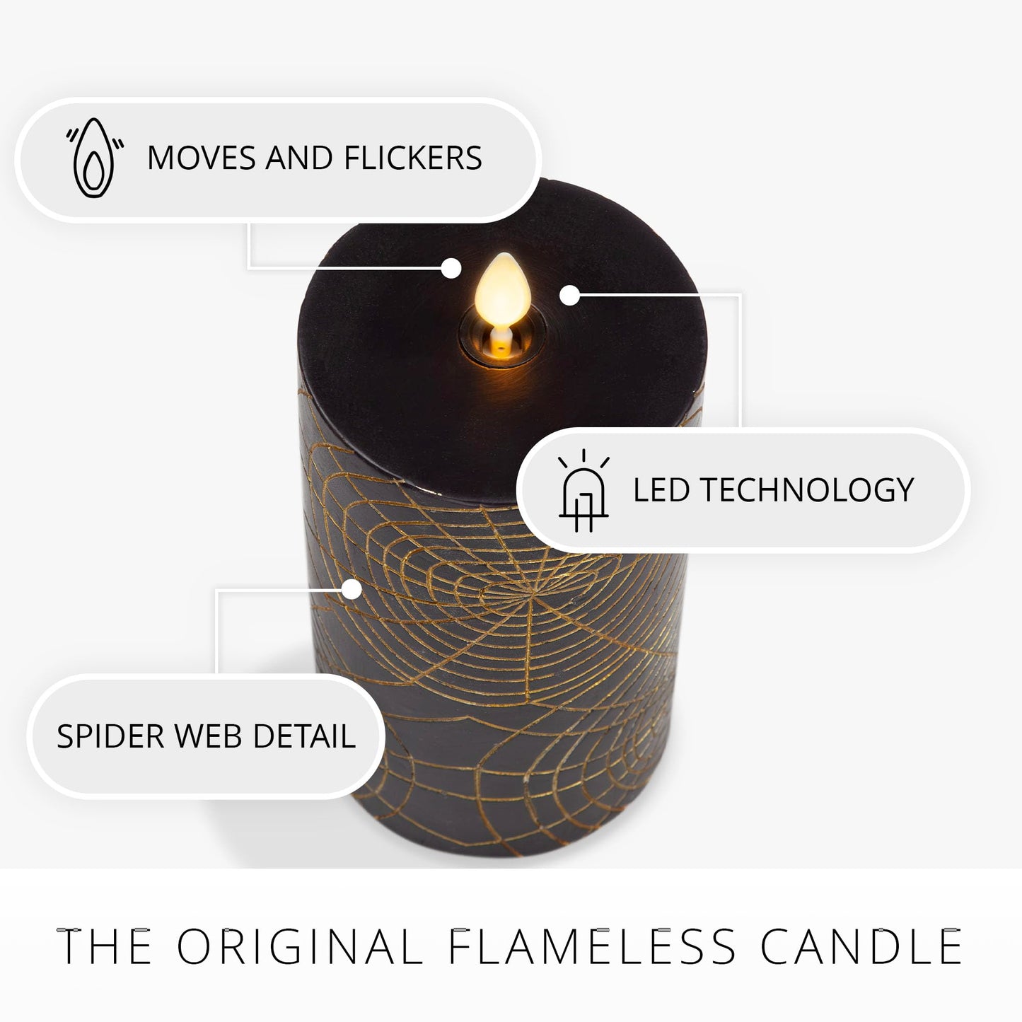 Luminara Spider Flameless LED Candle, Black & Gold 3" x 6.5", Moving Flame Pillar, Battery Operated Timer Real Wax Halloween Gothic Home Decor