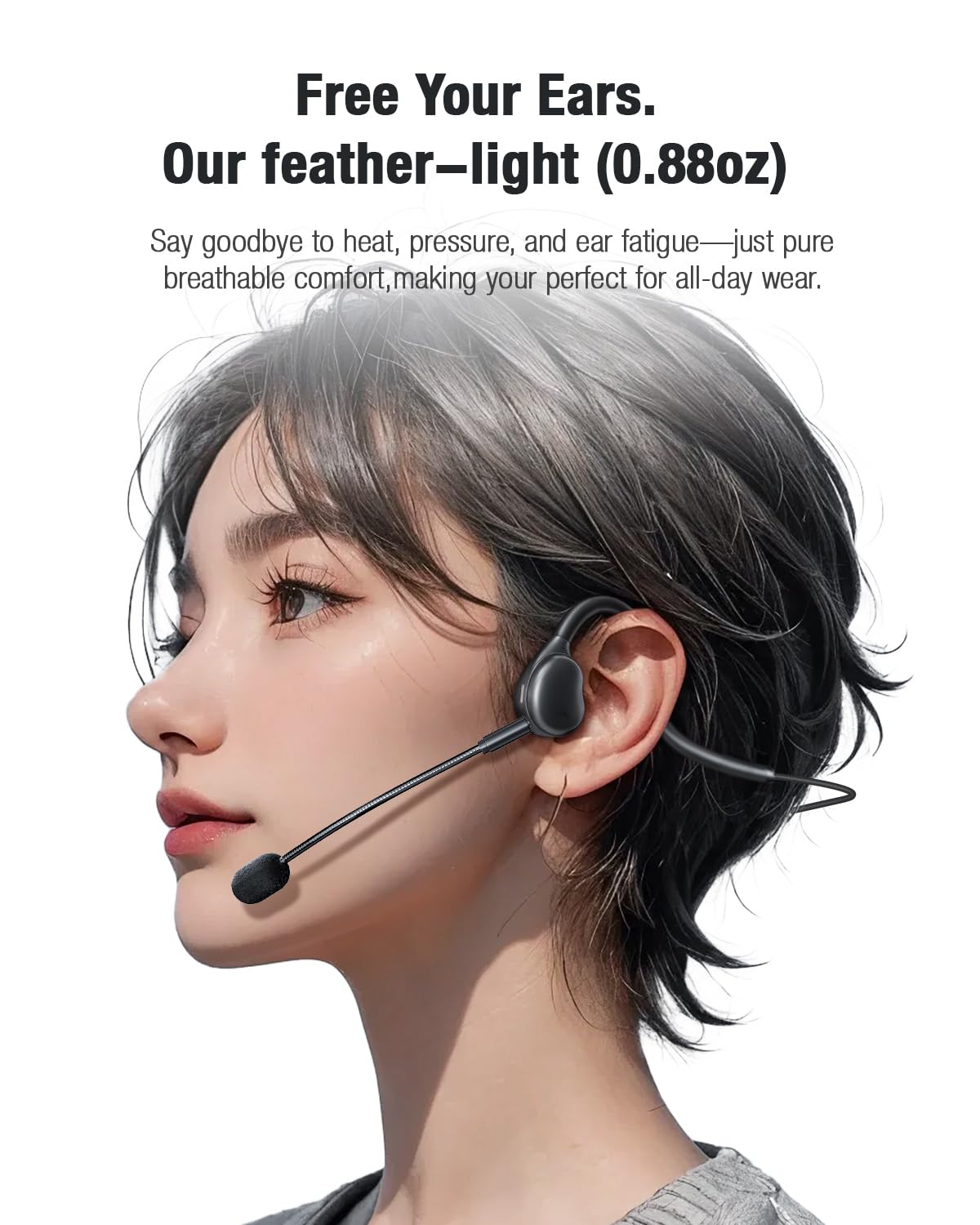 QOEKUEY Open Ear Headphones with Microphone Detachable, Crystal Cable, 3.5mm + USB Wired Audio Control- Black