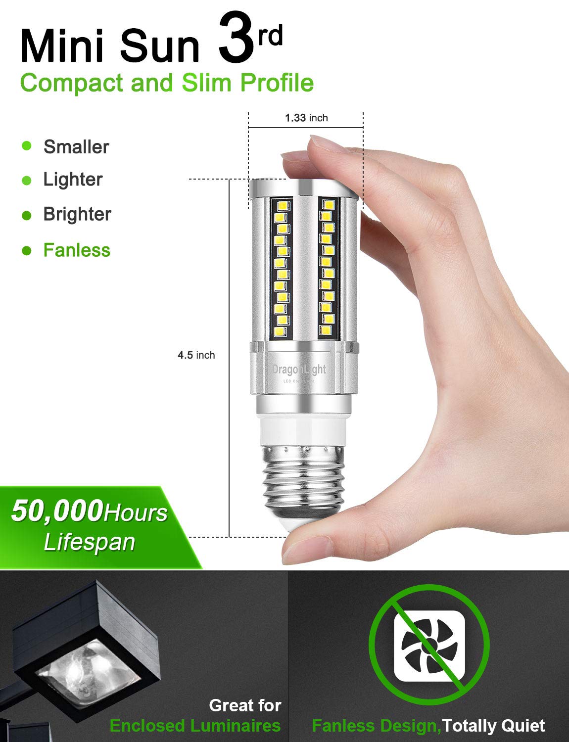 DragonLight 15W Super Bright Corn LED Light Bulbs Fanless(150 Watt Equivalent) - 3000K Warm White 1,800 Lumens E26 Base LED Lamp for Residential