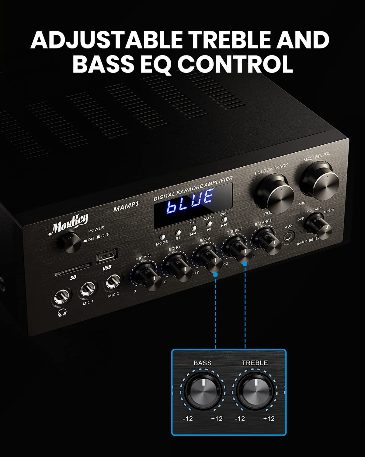 Moukey Stereo Receivers with Bluetooth 5.0, 2.0 Channel Power Audio Amplifier Stereo System w/USB, SD, AUX, RCA, MIC in w/Echo, LED for Karaoke, Home
