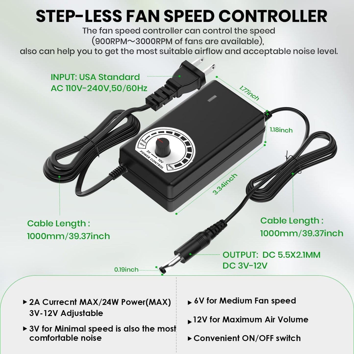 Enokay 120mm DC 12V Powered Fan with AC 100V 240V Adjustable Speed Controller 3000RPM High Speed Big Air Flow for DIY Cooling Ventilation Air Exchange