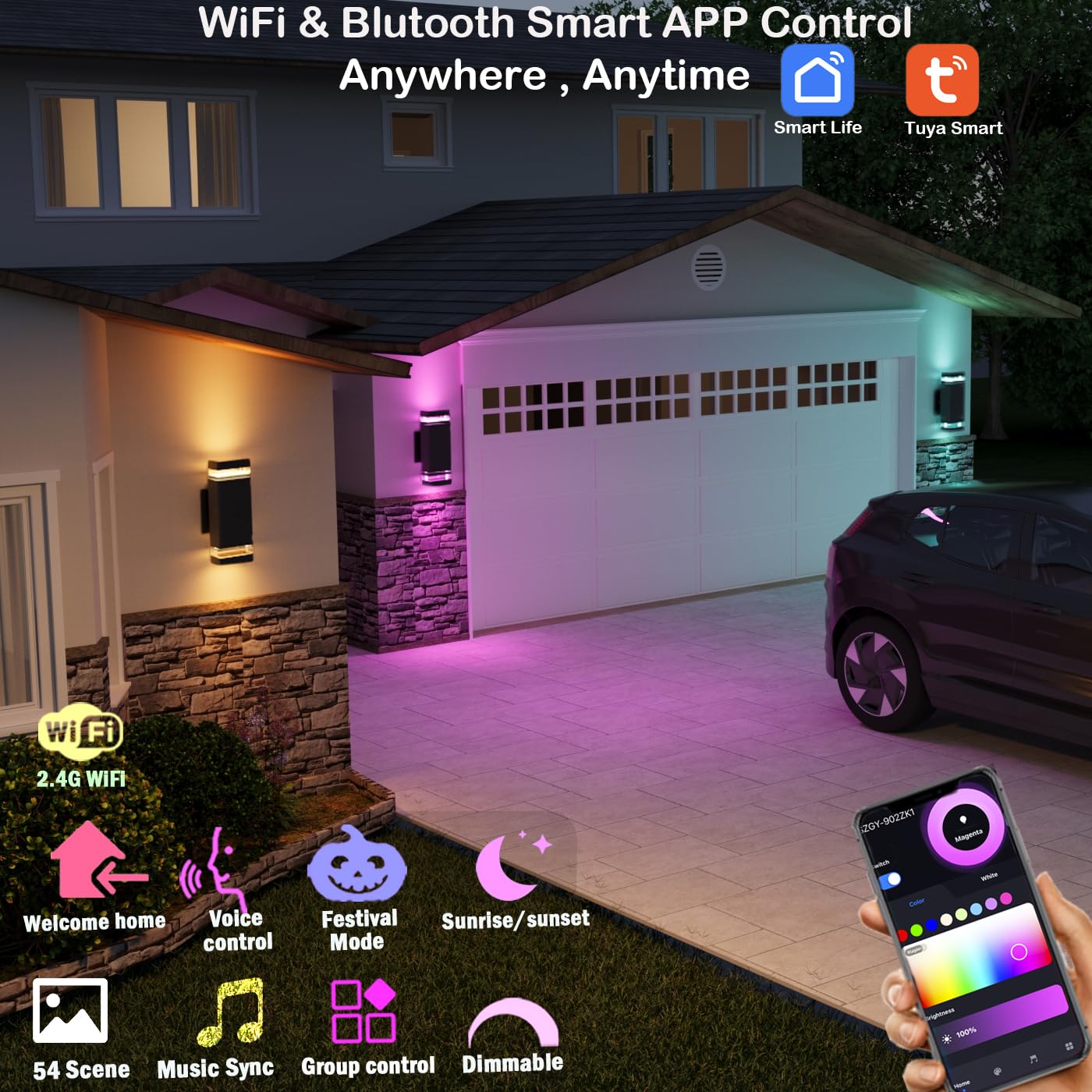rosykite RGB+CCT Outdoor Wall Light 3 Pack, App Control Up Down Wall Sconce, Color Changing 2700K-6500K Exterior Lighting, Waterproof Aluminum LED