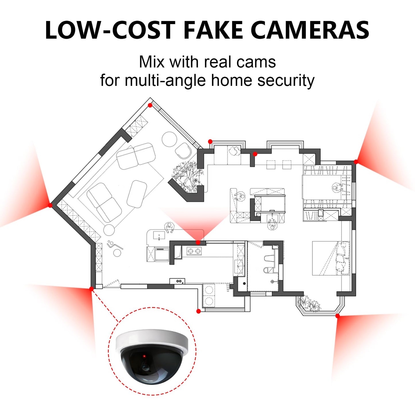 WALI Dummy Fake Security CCTV Dome Camera with Flashing Red LED Light with Security Alert Sticker Decals (SDW-6), 6 Packs, White