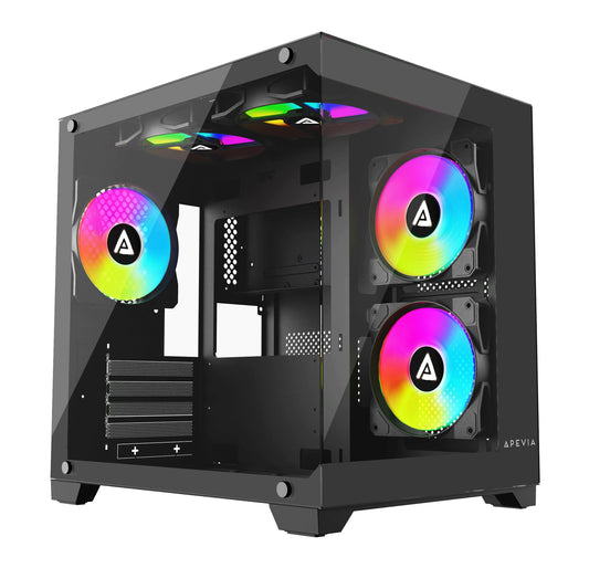Apevia Prism-BK Prism Micro-ATX Gaming PC Cube Case w/ 5X 120mm ARGB Fans, 366 RGB Modes, Dual Tempered Glass Panels, 240mm Radiator Support, 1X
