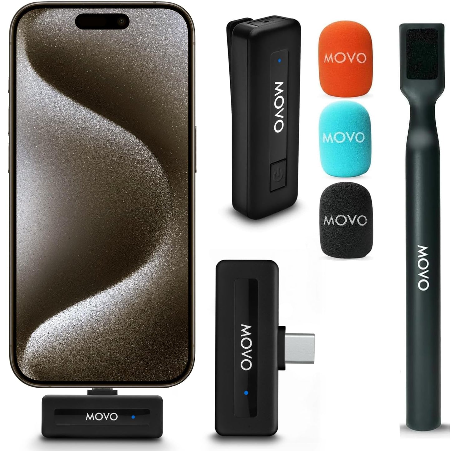 Movo Wireless Mini UC Ultra Compact Wireless Lavalier Microphone for iPhone 15/16/17 and up with WMX-HM Handheld Adapter - Lapel Mic with Handle Mount