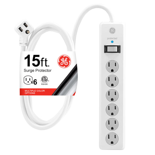 GE Surge Protector Power Strip, 15 Ft Extension Cord, 6 Outlet Extender, 800 Joules, Flat Plug, Twist-to-Close Safety Covers, ETL Listed, White, 50768