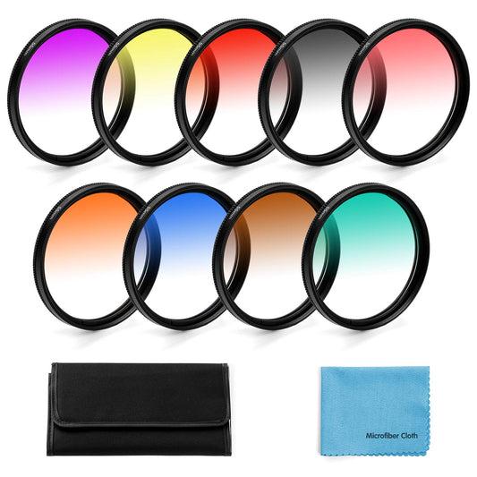 55mm Graduated Color Filters Kit 9 Pieces Gradual Colour Lens Filter Kit Set Accessory for Canon Nikon Sony Pentax Olympus Fuji DSLR Camera + Lens