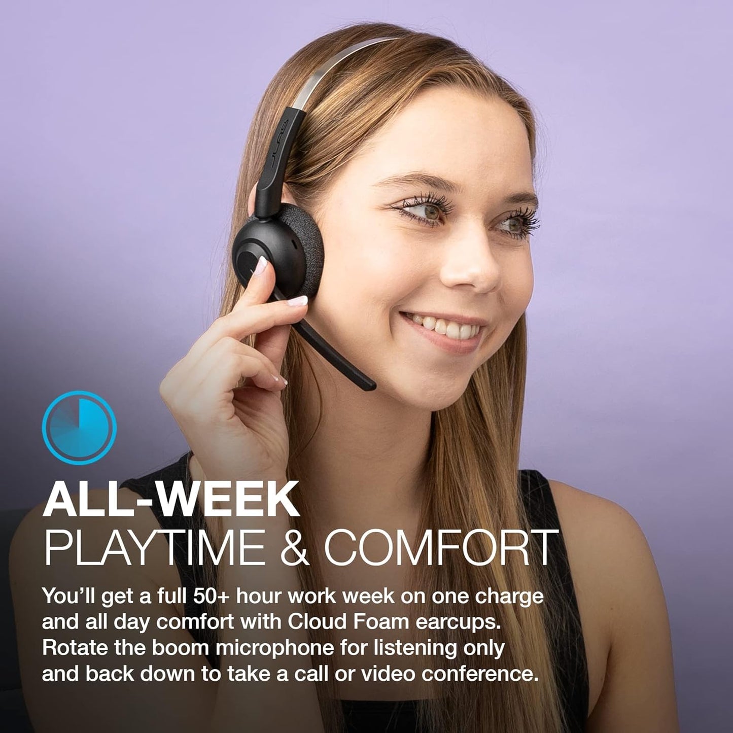 JLab Go Work Pop On-Ear Wireless Headset, Black, 50+ Hours Playtime, Bluetooth Multipoint, Rotating Boom Mic, Noise Canceling MEMS Microphone