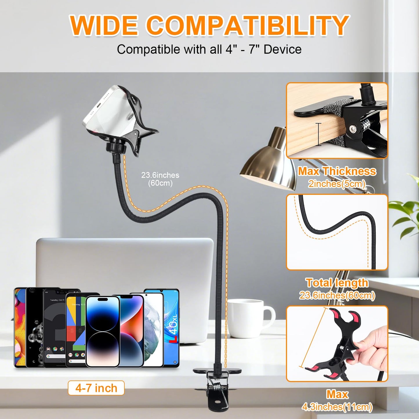 Kdyxvhy Gooseneck Phone Holder for Desk,Clip On Phone Holder for Bed,Flexible Long Arm Lazy Bracket,Cell Phone Stand Mount with Clamp for iPhone 16