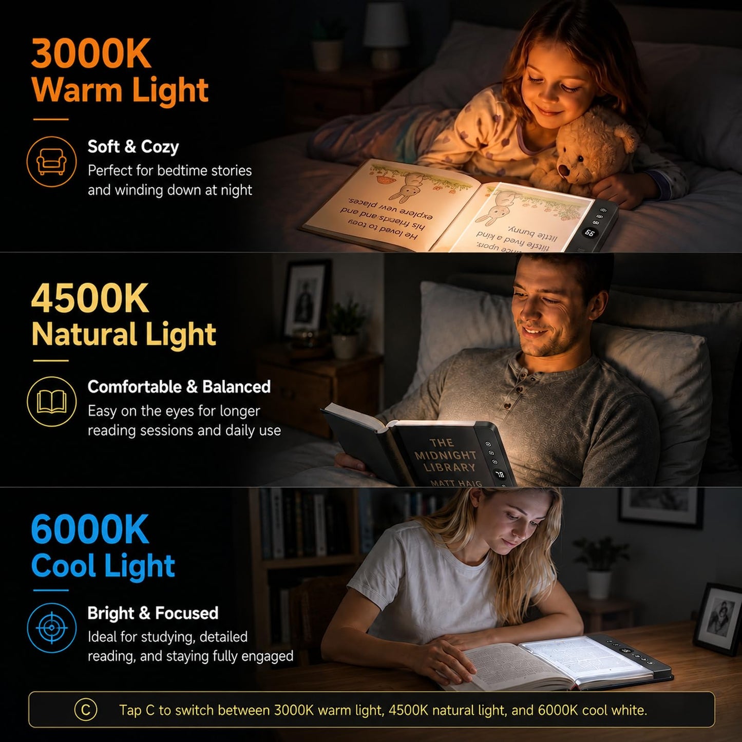 30 LED Book Light for Reading at Night in Bed, Rechargeable Book Page Light, 3 Color Temperatures, Stepless Dimming, 1-99 Min Timer, 2-in-1 Reading