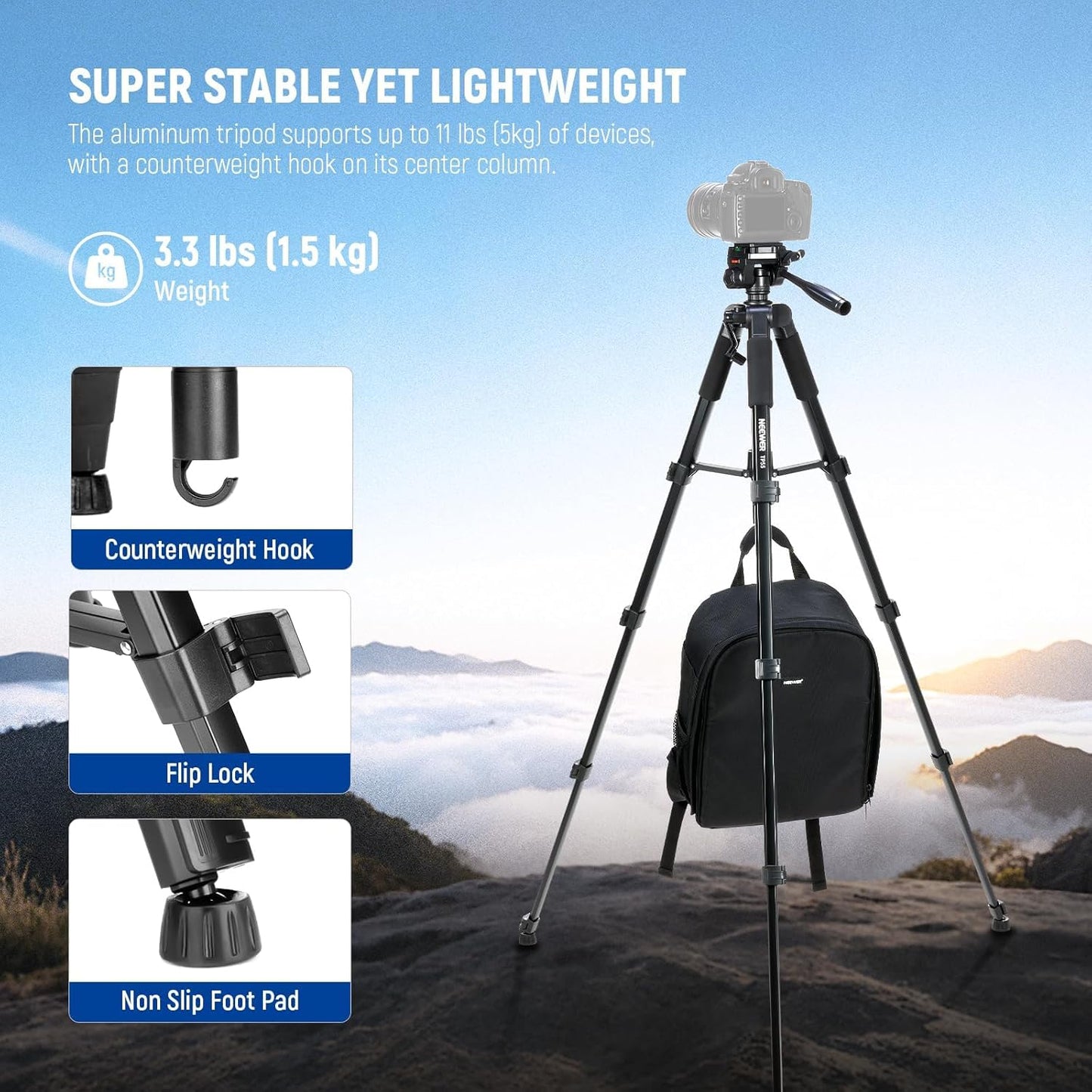 NEEWER BASICS Camera Tripod, 71'' Tripod with Cell Phone Holder Mount Compatible with iPhone for Video Recording, Professional Aluminum Lightweight
