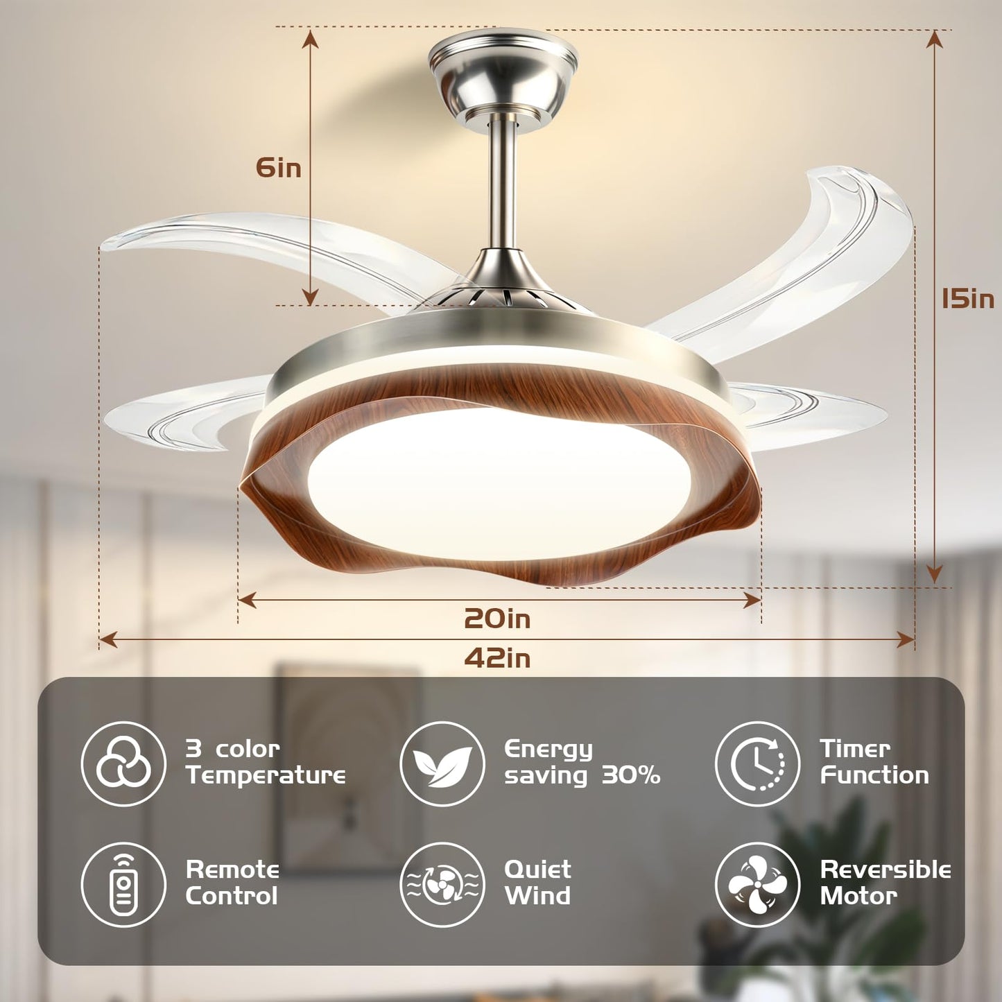 Ceiling Fans with Lights, 42'' Expandable Fan Blades, 20" Light Body