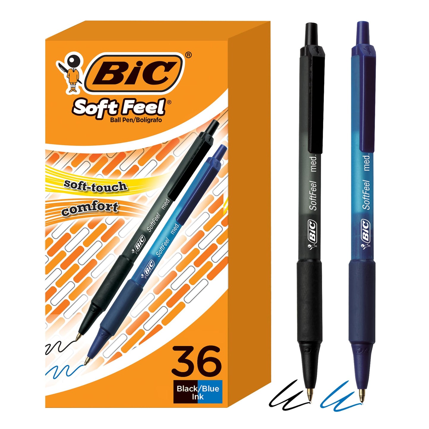 BIC Soft Feel Retractable Ballpoint Pen,1.0 mm Medium Point, Bulk School Supplies for Students and Teachers, No-Slip Grip, 36-Count in Black & Blue