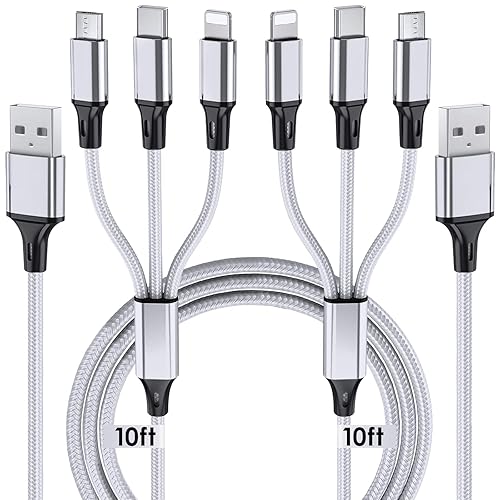 Multi Charging Cable, 10ft 2Pack Multi Phone Charger Cable Braided Universal 3 in 1 Charging Cord Extra Long Multiple USB Cable with USB C, Micro USB