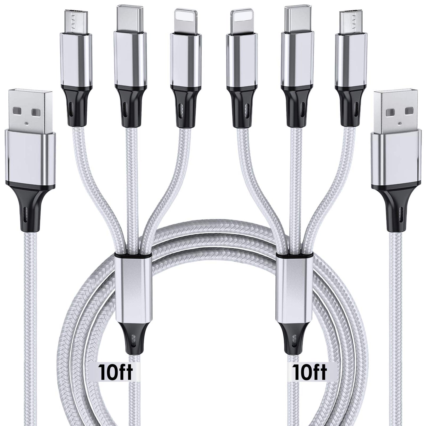 Multi Charging Cable, 10ft 2Pack Multi Phone Charger Cable Braided Universal 3 in 1 Charging Cord Extra Long Multiple USB Cable with USB C, Micro USB