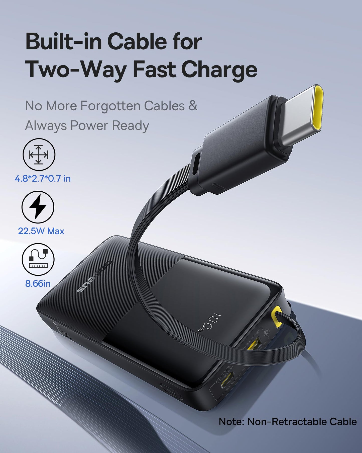 Baseus Portable Charger, 10000mAh Fast Charging Power Bank, 22.5W PD3.0 QC3.0 Battery Pack Built-in USB C Braided Cable, Travel Essentials for iPhone