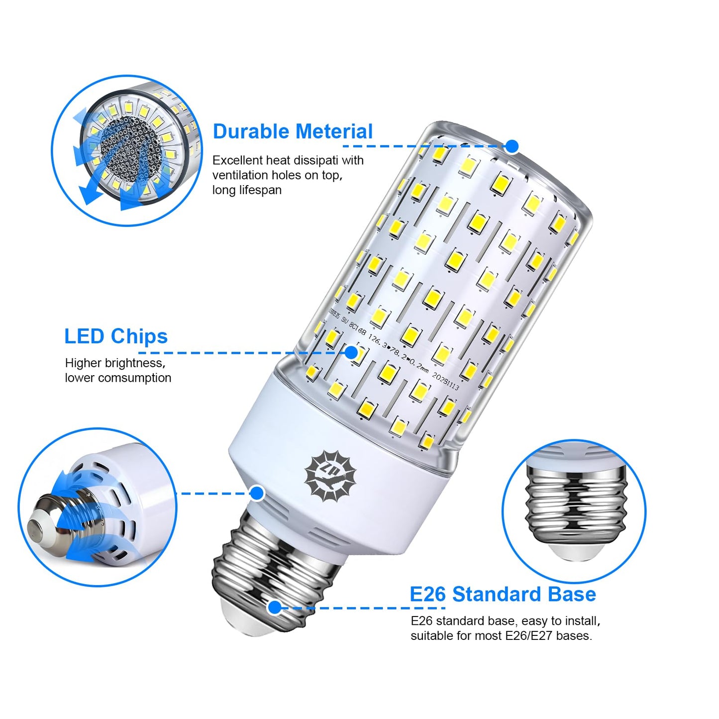ZP 40W LED Light Bulb 2 Pack, 5000K 5000Lumens E26/E27 Medium Base