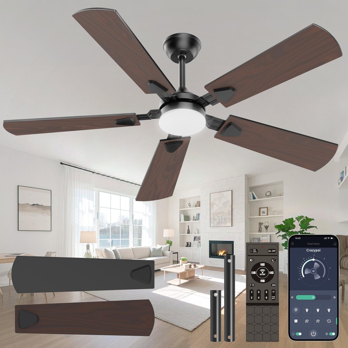 Crazypai Ceiling Fans with Lights, 52 Inch Modern Ceiling Fans with Lights and Remote Control, DC Reversible Motor, Noiseless, 3CCT, Ceiling Fan
