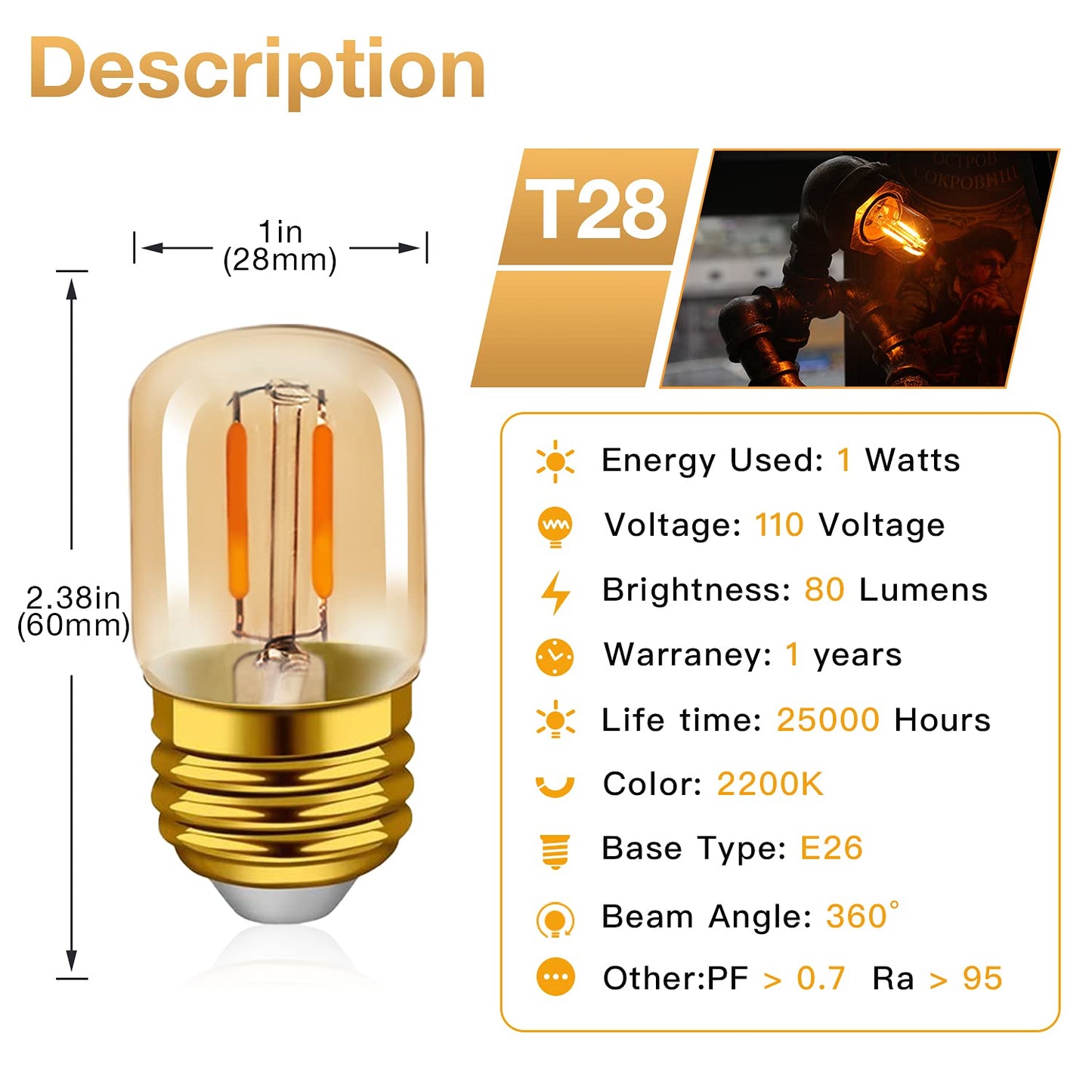 Hcnew E26 LED Amber Night Light Bulbs 1W, T28 Mini Edison Tube Lamp 2200K Warm, 10W Incandescnet Equivalent,Non-Dimmable Replacement Decorative Bulb