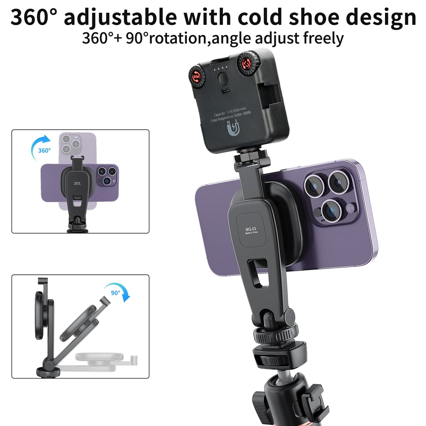 VRIG MG-03 Magnetic Phone Tripod Mount,Tripod Mount for Magsafe w Cold Shoe for iPhone 17.16.15.14.13.12 Series,Magnetic Ring Compatible with All