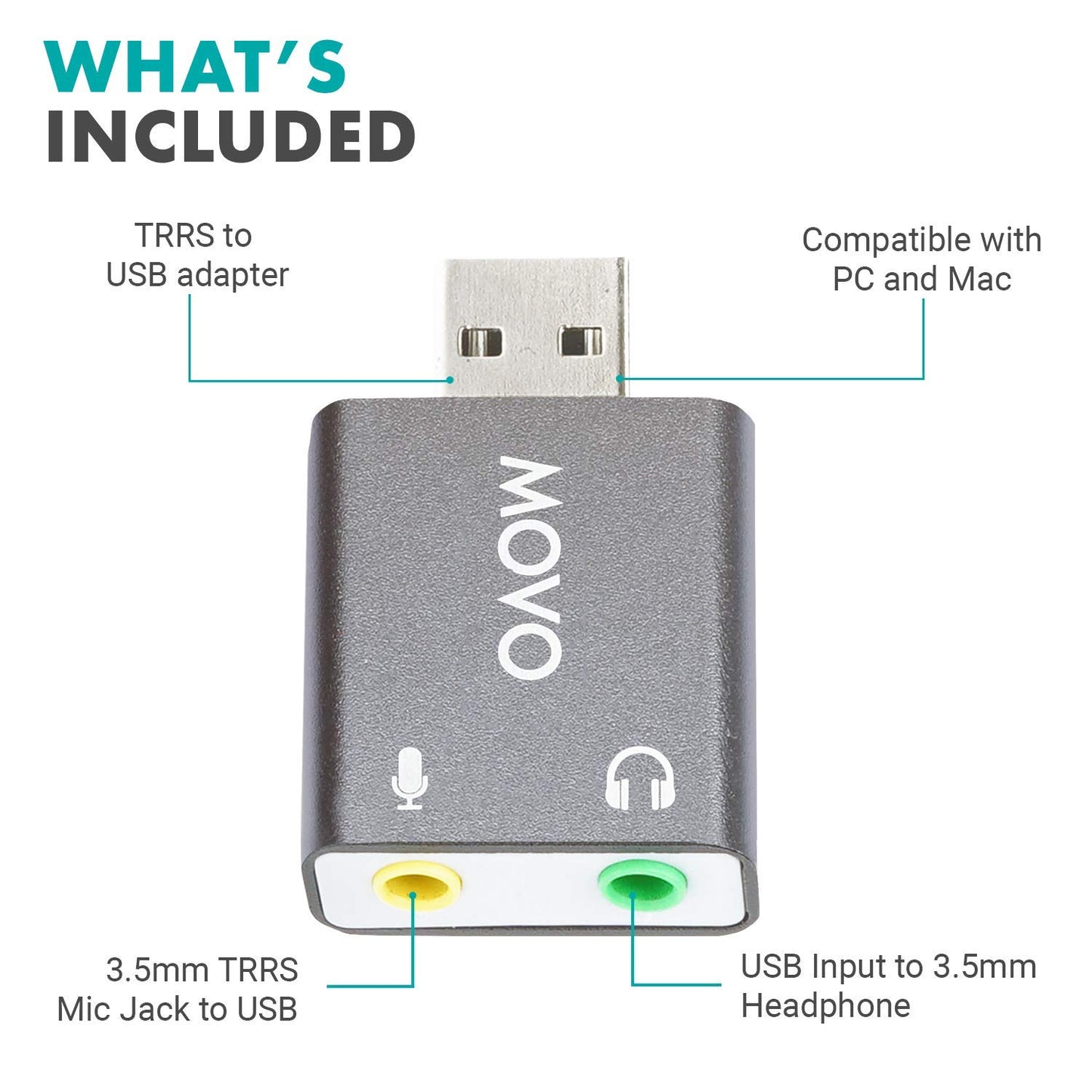 Movo USB-AC1 3.5mm TRRS Microphone to USB 2.0 Stereo Digital Audio Converter - USB Sound Card Adapter for Computer or Laptop - Convert USB Input