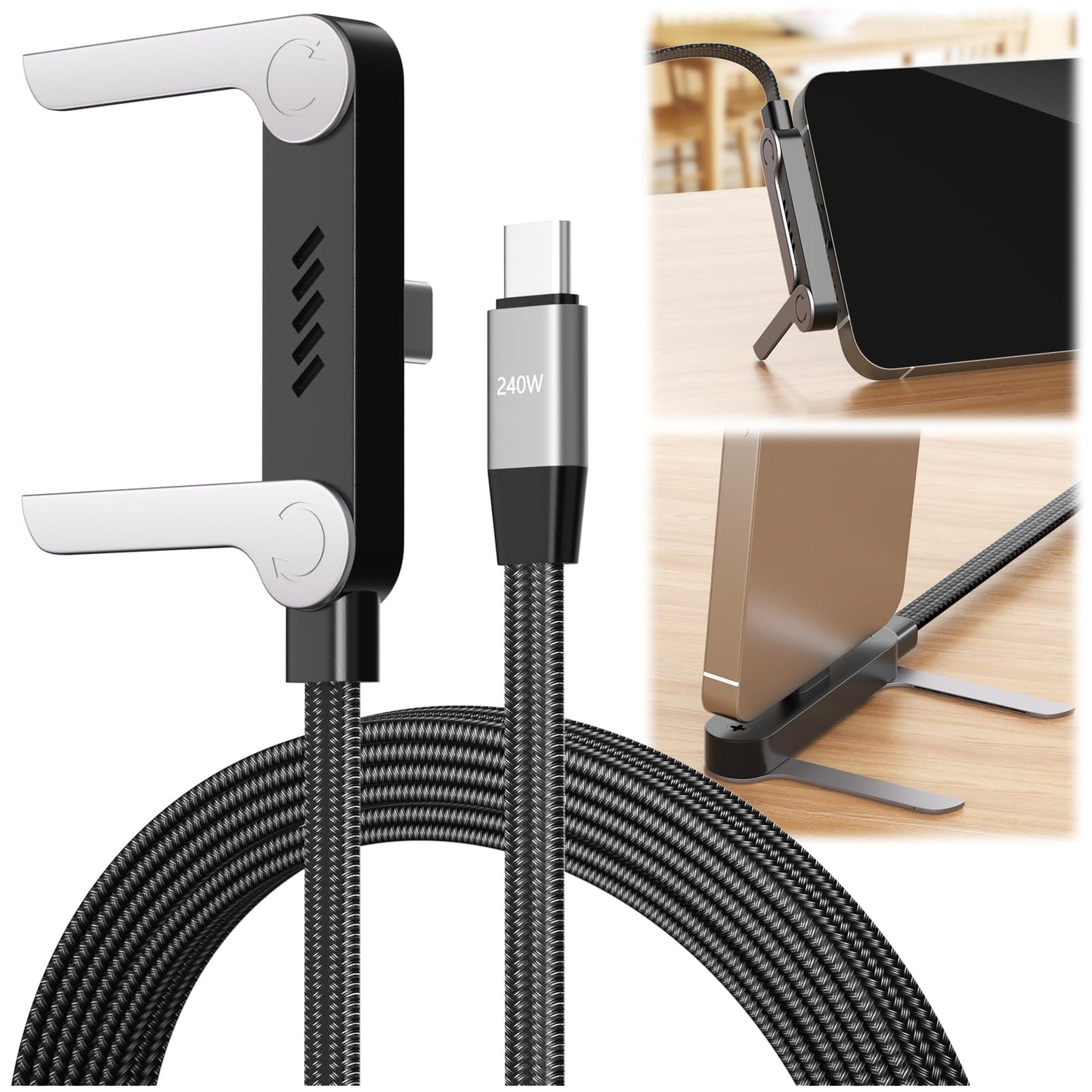 240W Braided Fast Charge Cable with Built-in Phone Stand, 2026 New Invisible Stand Charging Cable, 4.92ft T-shaped Foldable Furable USB-C Cord 90