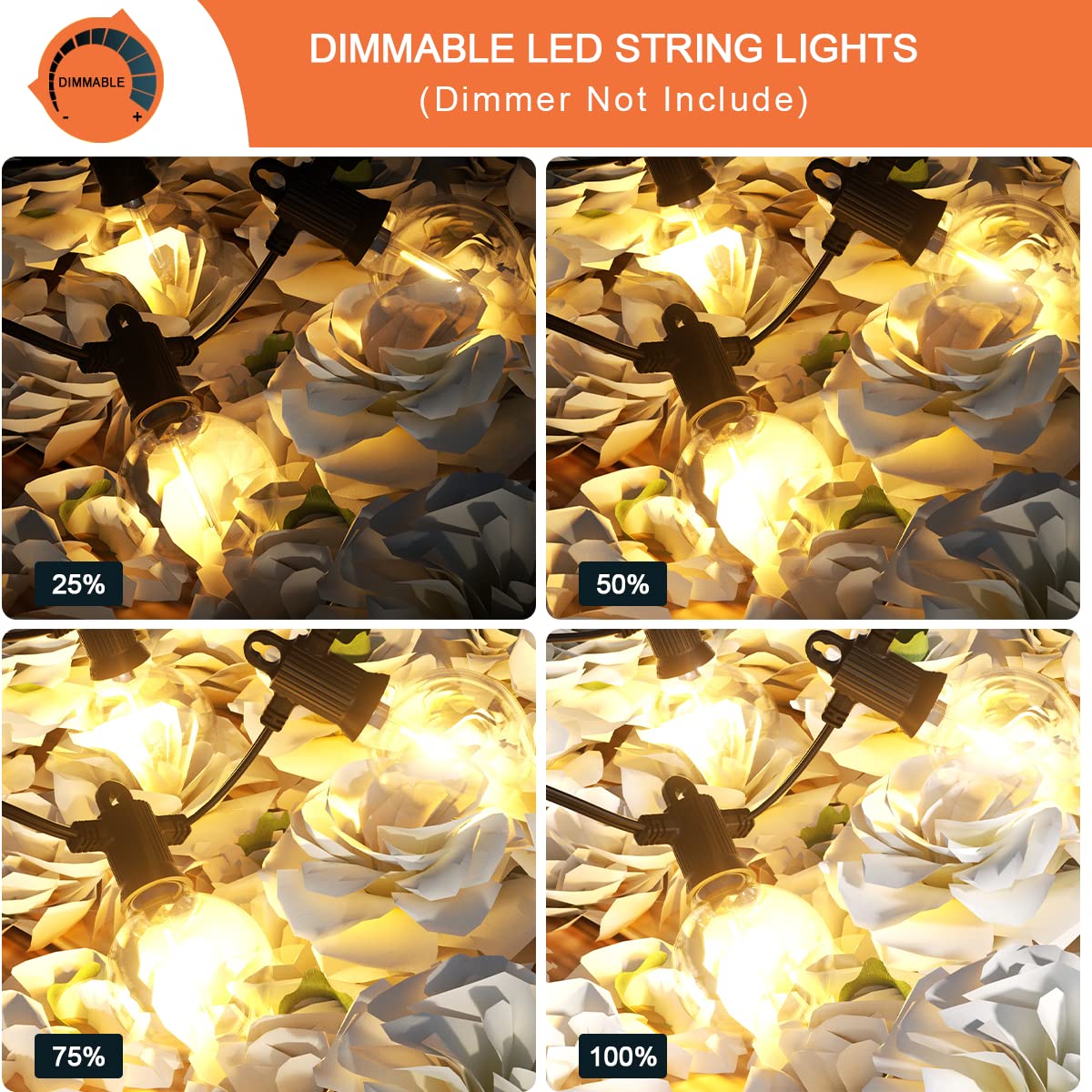 Kawaya Outdoor String Lights 25 FT LED Patio Light with 12+1 Shatterproof Edison Globe Bulbs - IP65 Waterproof Dimmable Hanging Lights - 2700K Warm
